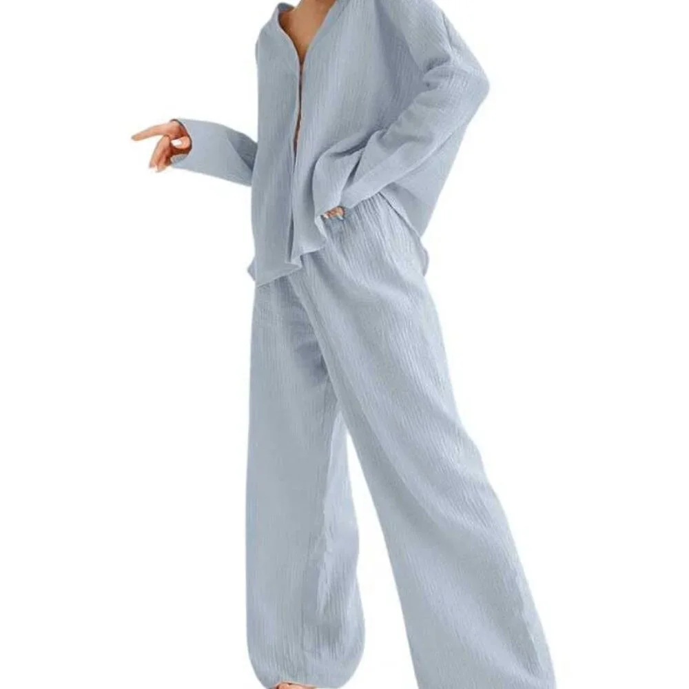 Cotton Gauze Loungewear Set Button Down Shirt Wide Leg Pants Sleepwear
